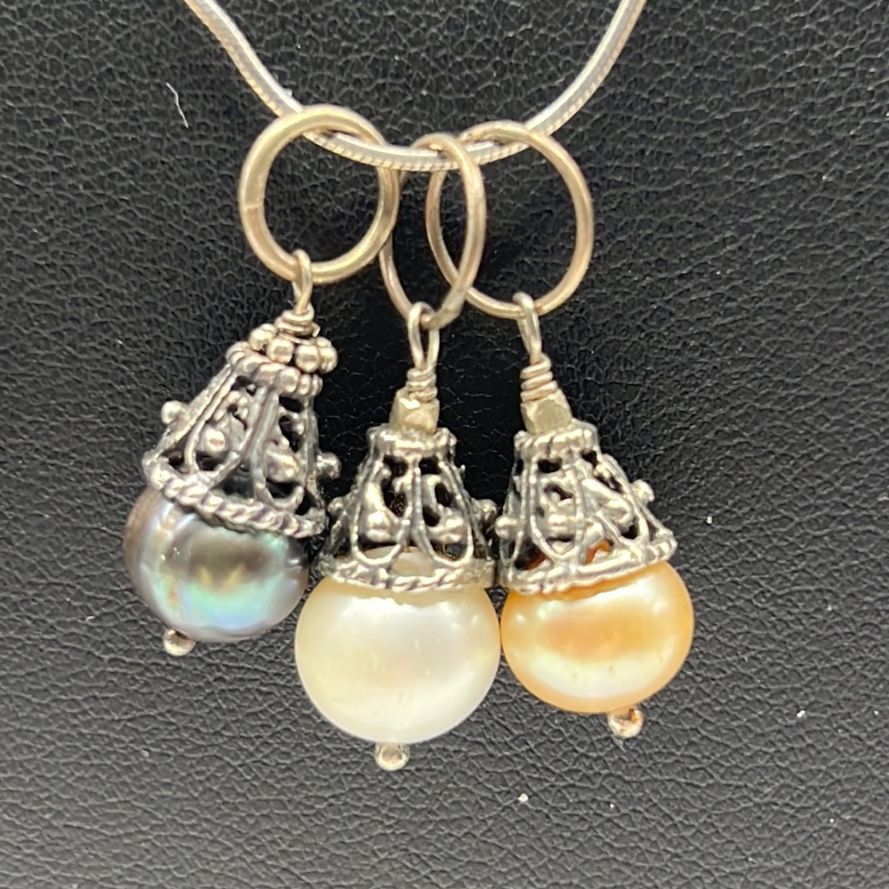 THREE ETRUSCAN LOOK PEARL AND STERLING PENDANTS ON 18” STERLING SNAKE CHAIN
